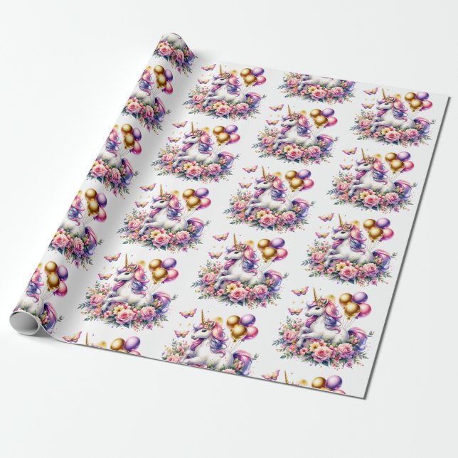 Pretty Pink, Purple and Gold Unicorn Birthday Part Wrapping Paper (Unrolled)