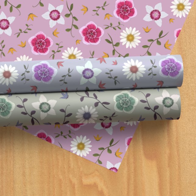 Pretty Pink, Purple, and Grey Floral Botanical Wrapping Paper Sheet (Creator Uploaded)