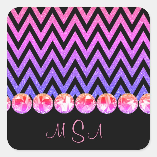 Pretty Pink Purple Bling Glam Chevron Monogram Square Sticker (Front)