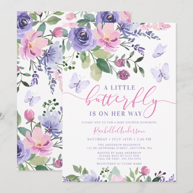 Pretty Pink Purple Butterfly Girl Baby Shower Invitation (Front/Back)