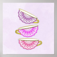 Pretty Pink Purple China Tea Cups Wall Art Poster