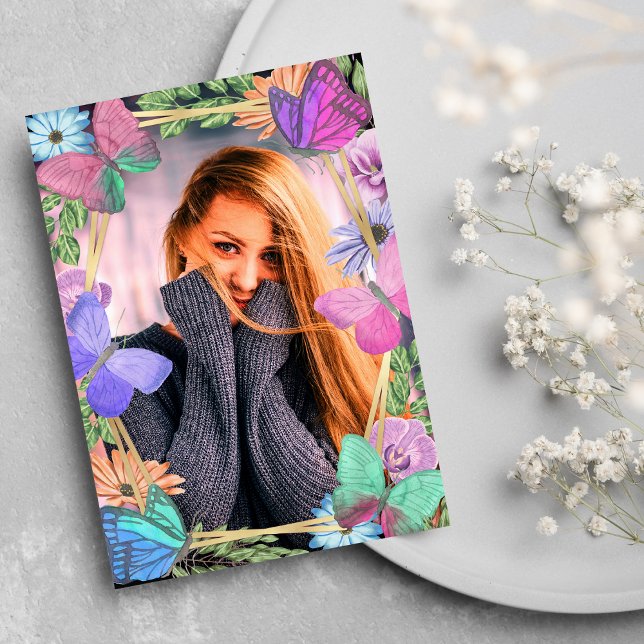 Pretty Pink Purple Floral Butterfly Birthday Photo Invitation (Pretty Pink Purple Floral Butterfly Birthday Photo Invitation )