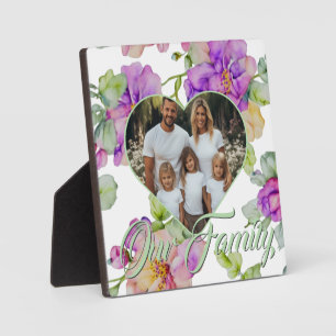 Pretty pink purple floral Family photo template Plaque