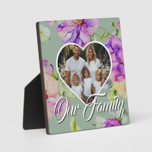 Pretty pink purple floral Family photo template Plaque