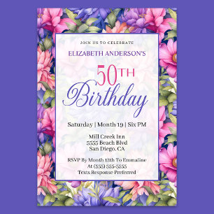 Pretty Pink Purple Garden Flowers 50th Birthday  Invitation