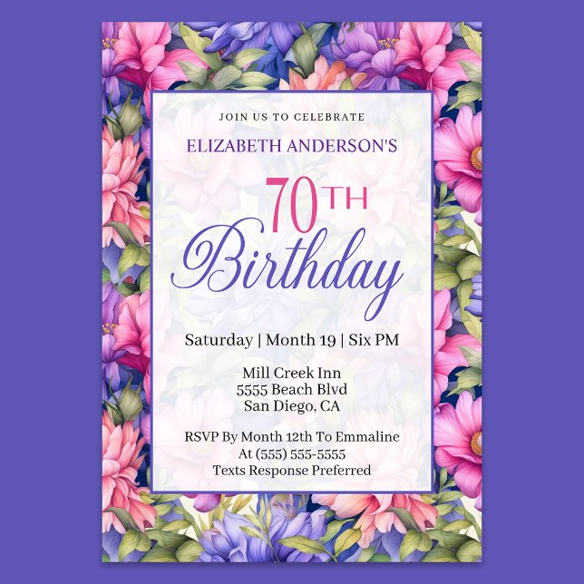 Pretty Pink Purple Garden Flowers 70th Birthday  Invitation (Creator Uploaded)