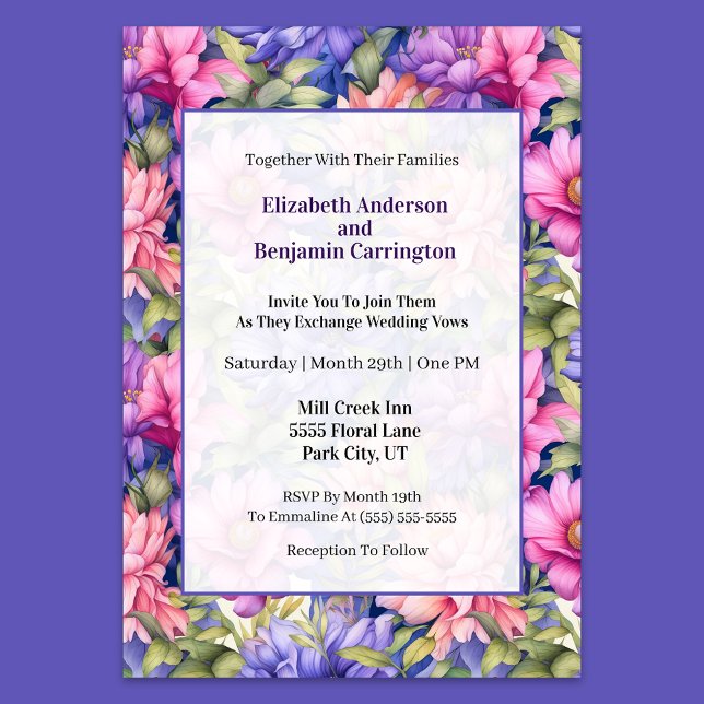 Pretty Pink Purple Garden Flowers Wedding Invitation (Creator Uploaded)