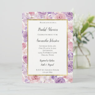 Pretty Pink Purple Hearts Floral Bridal Shower Invitation