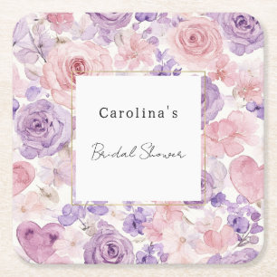 Pretty Pink Purple Hearts Floral Bridal Shower Square Paper Coaster