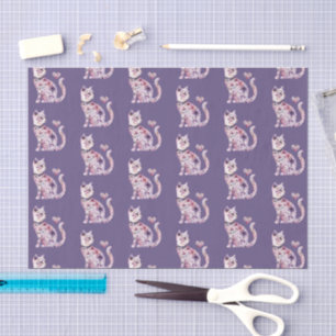 Pretty Pink Purple Hearts Floral Cat Birthday Tissue Paper