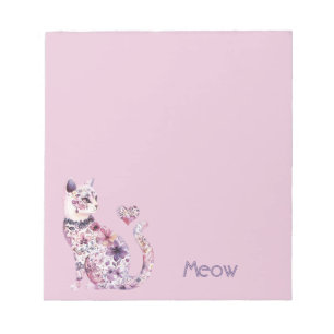 Pretty Pink Purple Hearts Roses Floral Cat Notepad