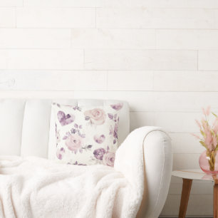 Pretty Pink Purple Hearts Roses Floral  Cushion