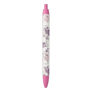 Pretty Pink Purple Roses Floral Black Ink Pen