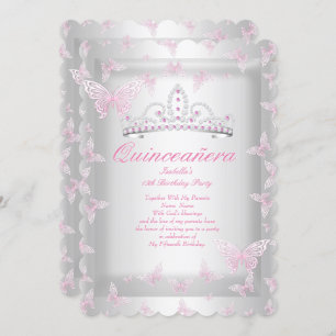 Pretty Pink Quinceanera Party Tiara Butterfly Invitation