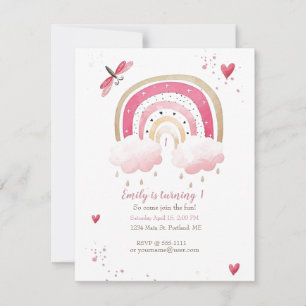 Pretty pink rainbow baby birthday party custom invitation