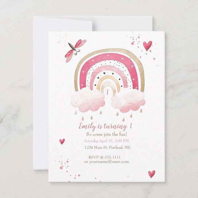 Pretty pink rainbow baby birthday party custom invitation (Front)