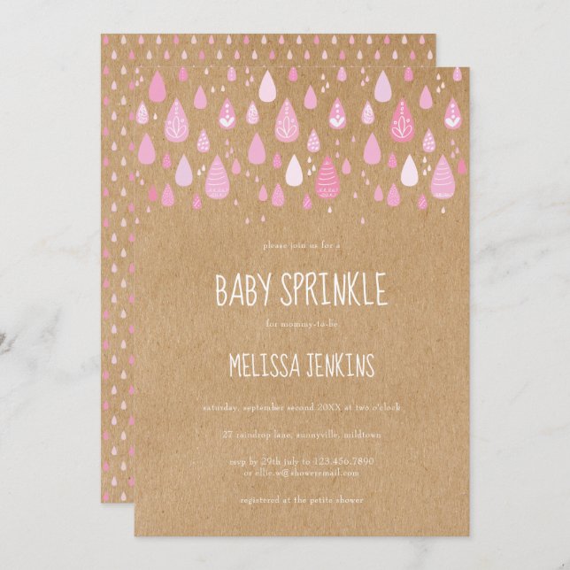 Pretty Pink Raindrops Baby Sprinkle / Shower Boho Invitation (Front/Back)