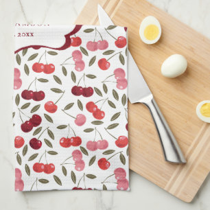 Pretty Pink & Red Cherry Pattern   Monogram Tea Towel