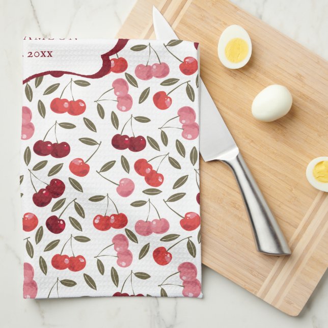 Pretty Pink & Red Cherry Pattern | Monogram Tea Towel (Quarter Fold)