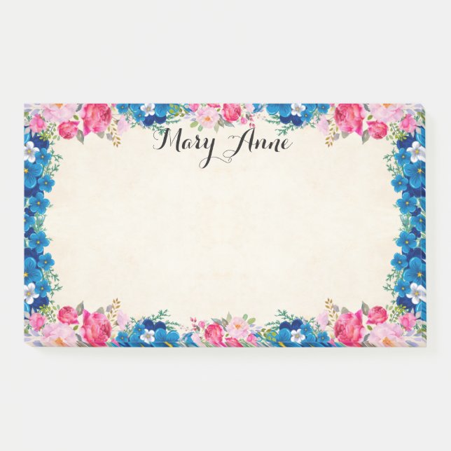 Pretty Pink Red Roses Blue Flowers Personalised Post-it Notes (Front)