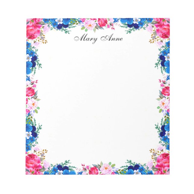 Pretty Pink Red Roses Blue Flowers Personalized Notepad (Front)
