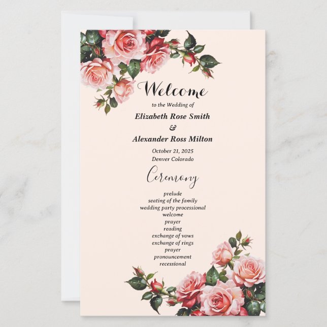 Pretty pink red roses wedding program (Front)