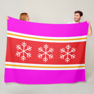 Pretty Pink Red White Stripes Triple Snowflakes Fleece Blanket