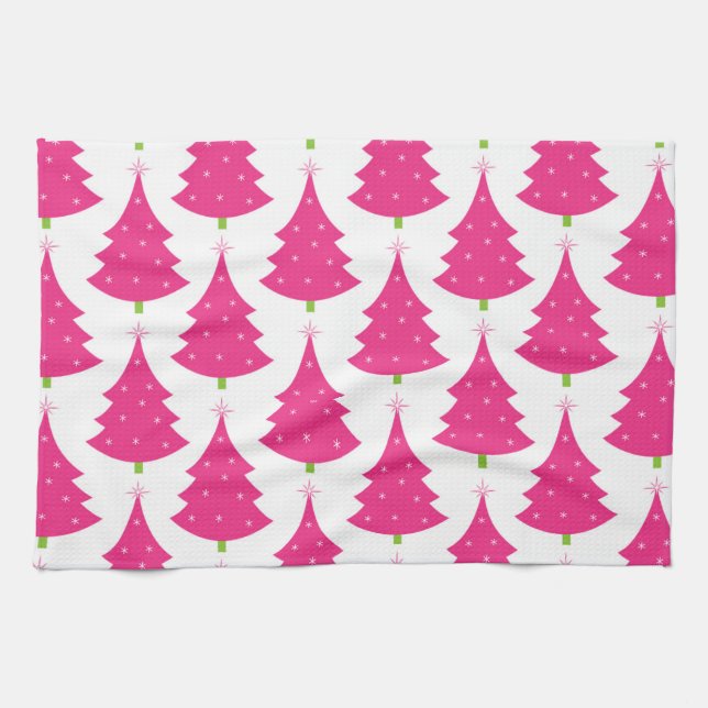 Pretty Pink Retro Christmas Tree Pattern Tea Towel (Horizontal)