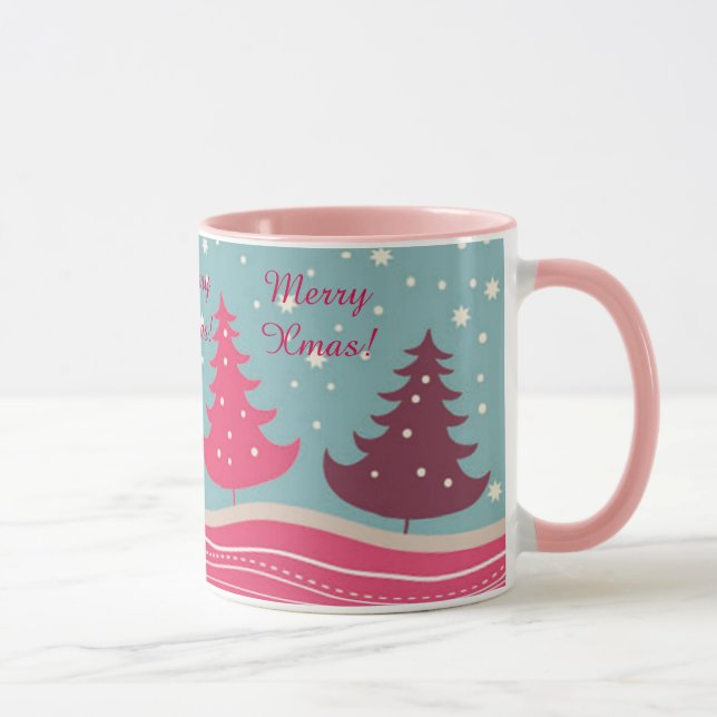 Pretty Pink Retro Merry Christmas Tree, Girly Mug (Right)