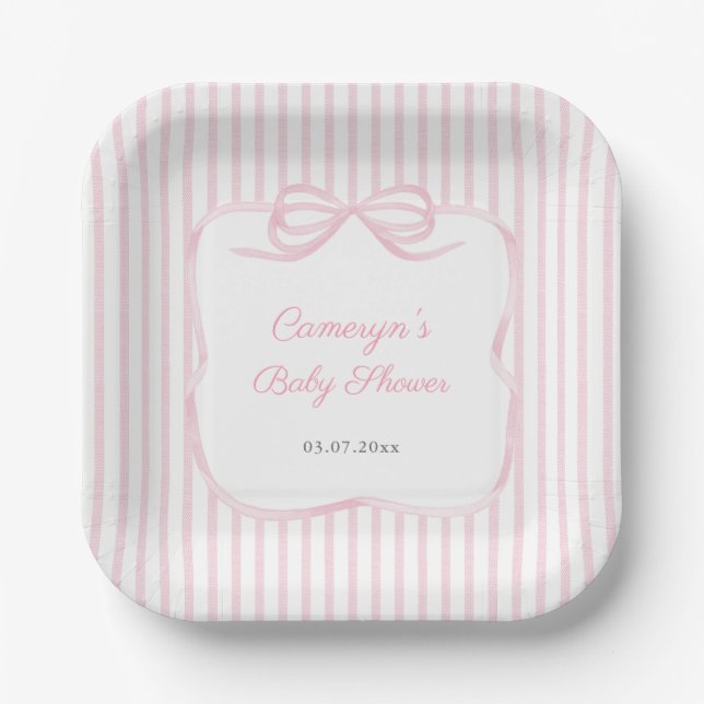Pretty Pink Ribbon Bow Baby Shower For Girl Party Paper Plate (Front)