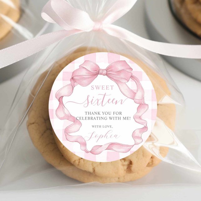 Pretty Pink Ribbon Bows Sweet Sixteen 16 Birthday Classic Round Sticker (Creator Uploaded)