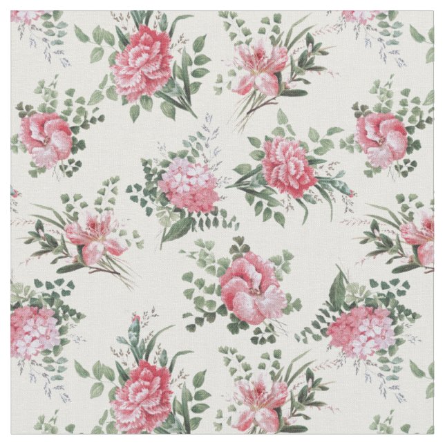 Pretty Pink Romantic Flowers and Ferns Fabric (Close Up)