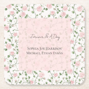 Pretty Pink Romantic Roses Floral Wedding Square Paper Coaster