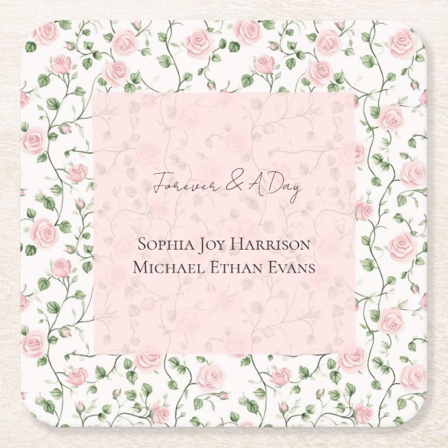 Pretty Pink Romantic Roses Floral Wedding Square Paper Coaster (Front)