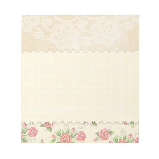 Pretty Pink Rose and Lace Beige Notepad (Front)