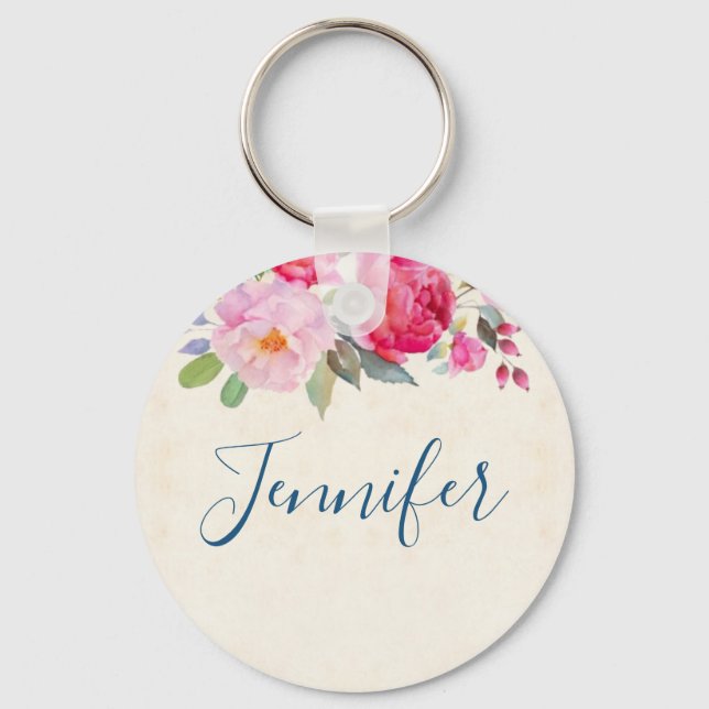 Pretty Pink Rose and Peony Border Key Ring (Front)