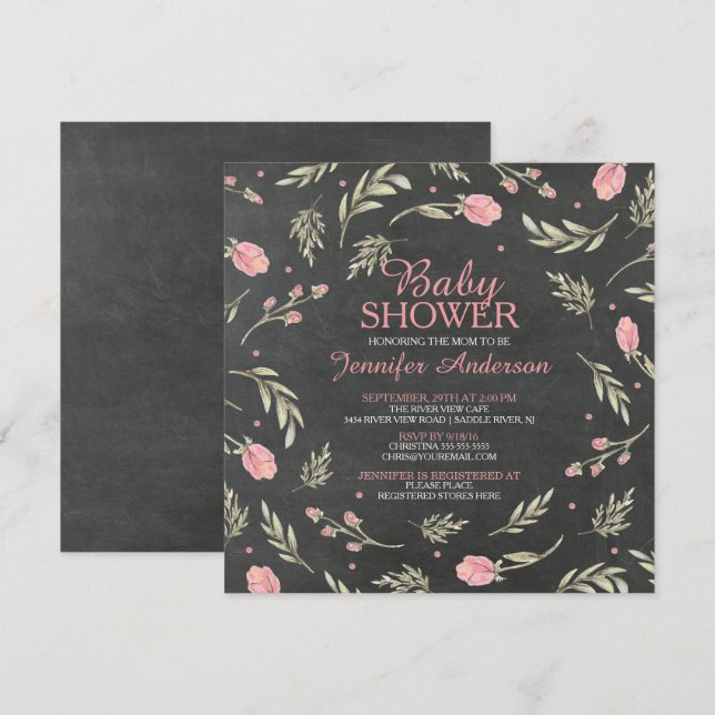 Pretty Pink Rose Chalkboard Girls Baby Shower Invitation (Front/Back)
