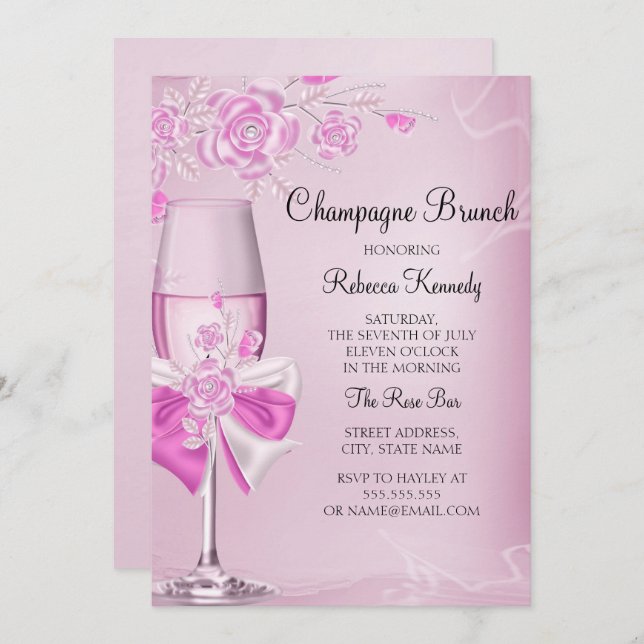 Pretty Pink Rose Champagne Brunch Invitation (Front/Back)