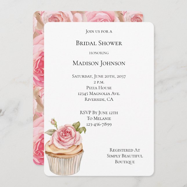 Pretty Pink Rose Cupcake Bridal Shower Invitation (Front/Back)