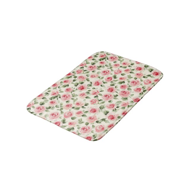 Pretty Pink Rose Floral Bath Mat (Angled)