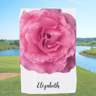 Pretty pink rose flower custom name womens golf towel