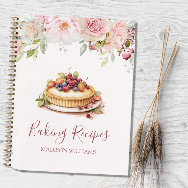 Pretty Pink Rose Flower Floral Baking Recipe Notebook (In situ)