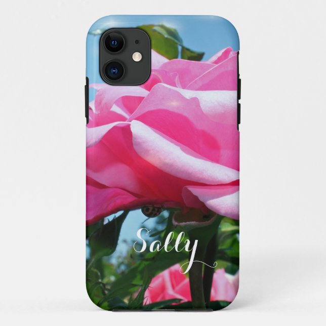 pretty pink rose flowers iPhone case with name. (Back)