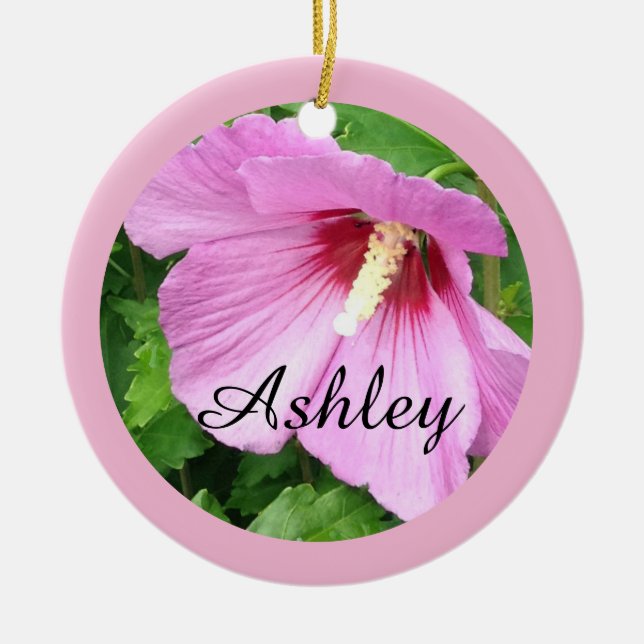 Pretty Pink Rose of Sharon Photo Personalised Ceramic Tree Decoration (Front)