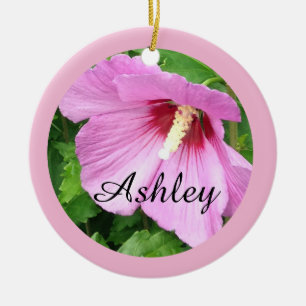 Pretty Pink Rose of Sharon Photo Personalised Ceramic Tree Decoration