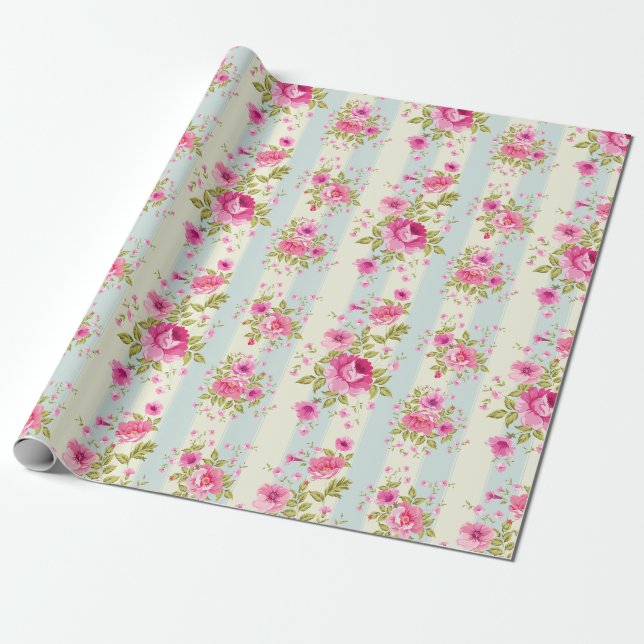 Pretty Pink Rose Pattern Wrapping Paper (Unrolled)