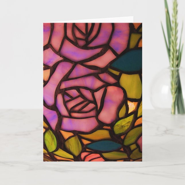 Pretty Pink Rose Stained Glass Greeting Note Card (Front)