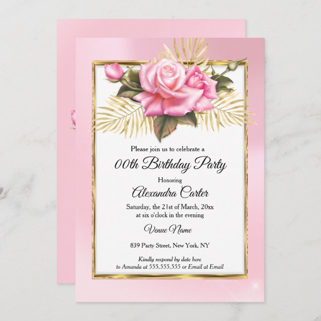 Pretty Pink Rose White Gold Floral Birthday Party Invitation (Front/Back)