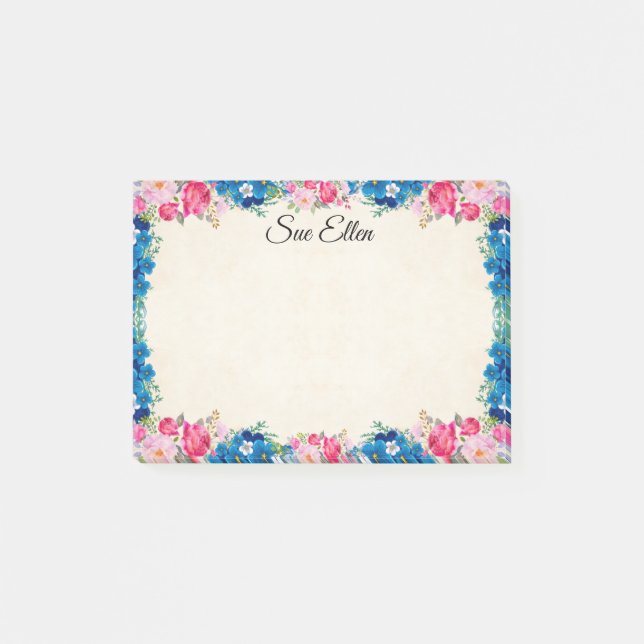 Pretty Pink Roses And Blue Flowers Personalised Post-it Notes (Front)