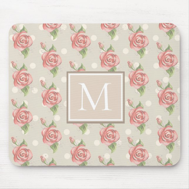 Pretty Pink Roses and Dots Monogram Mouse Pad (Front)